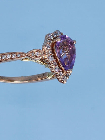 Zac Posen “Truly” 14k Rose Gold Amethyst Halo Ring | Pear Shape Birthstone Ring with Diamond Milgrain Accents