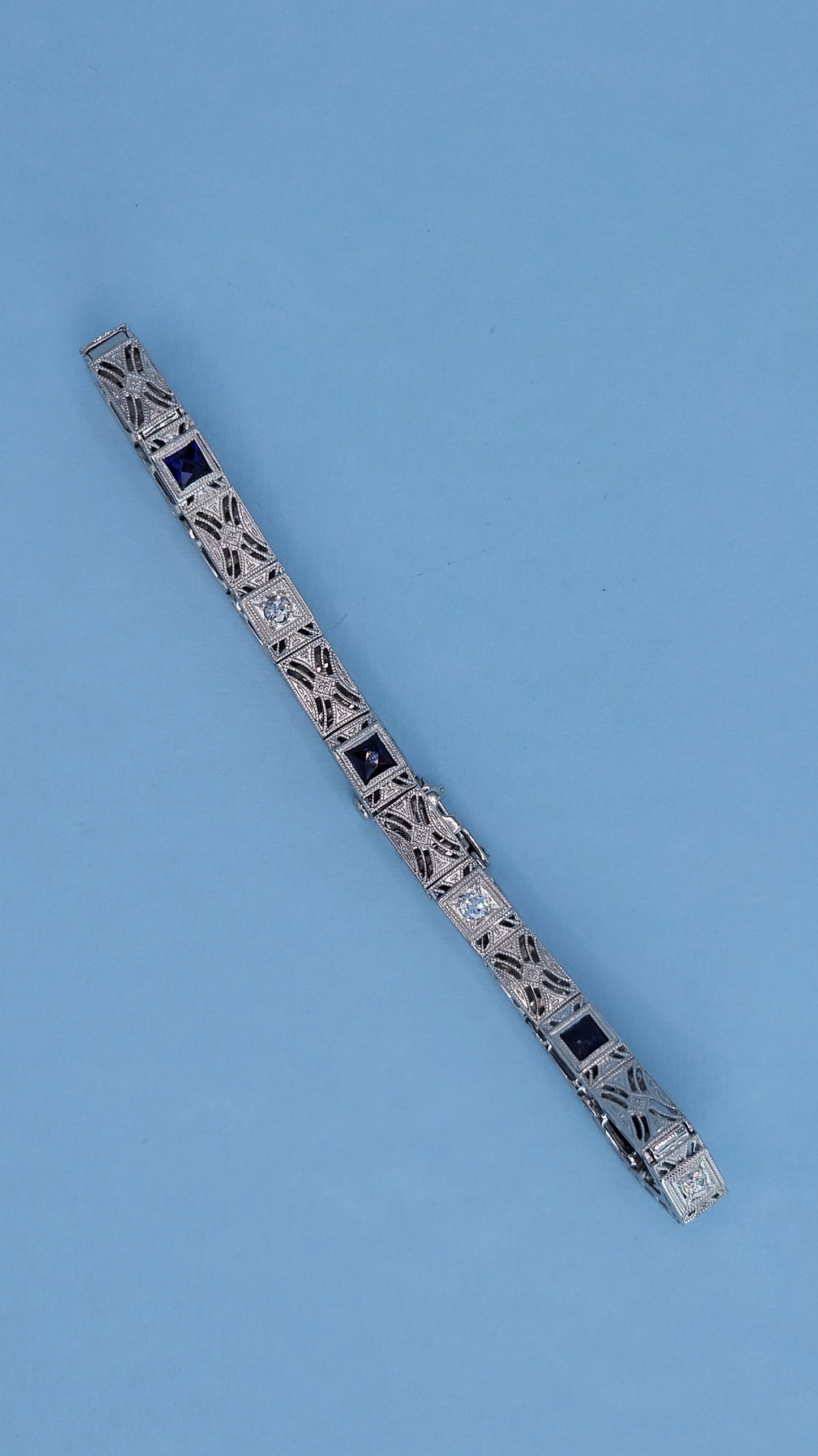Art Deco 14k White Gold Bracelet with Princess-Cut Sapphires and Diamonds Top View