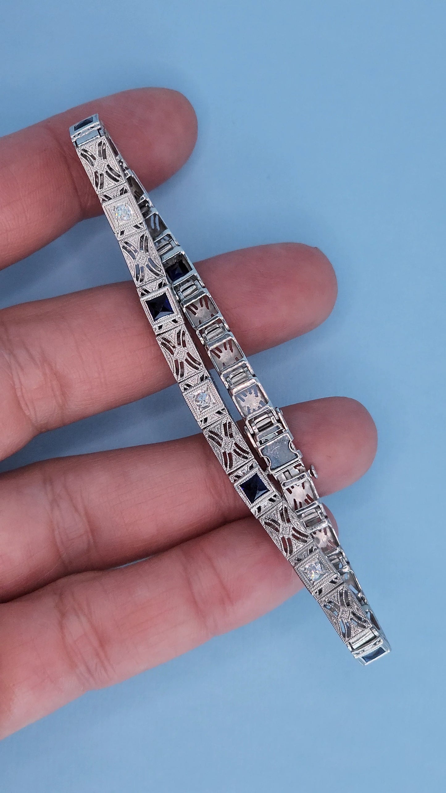Art Deco 14k White Gold Bracelet with Princess-Cut Sapphires and Diamonds on the Hand