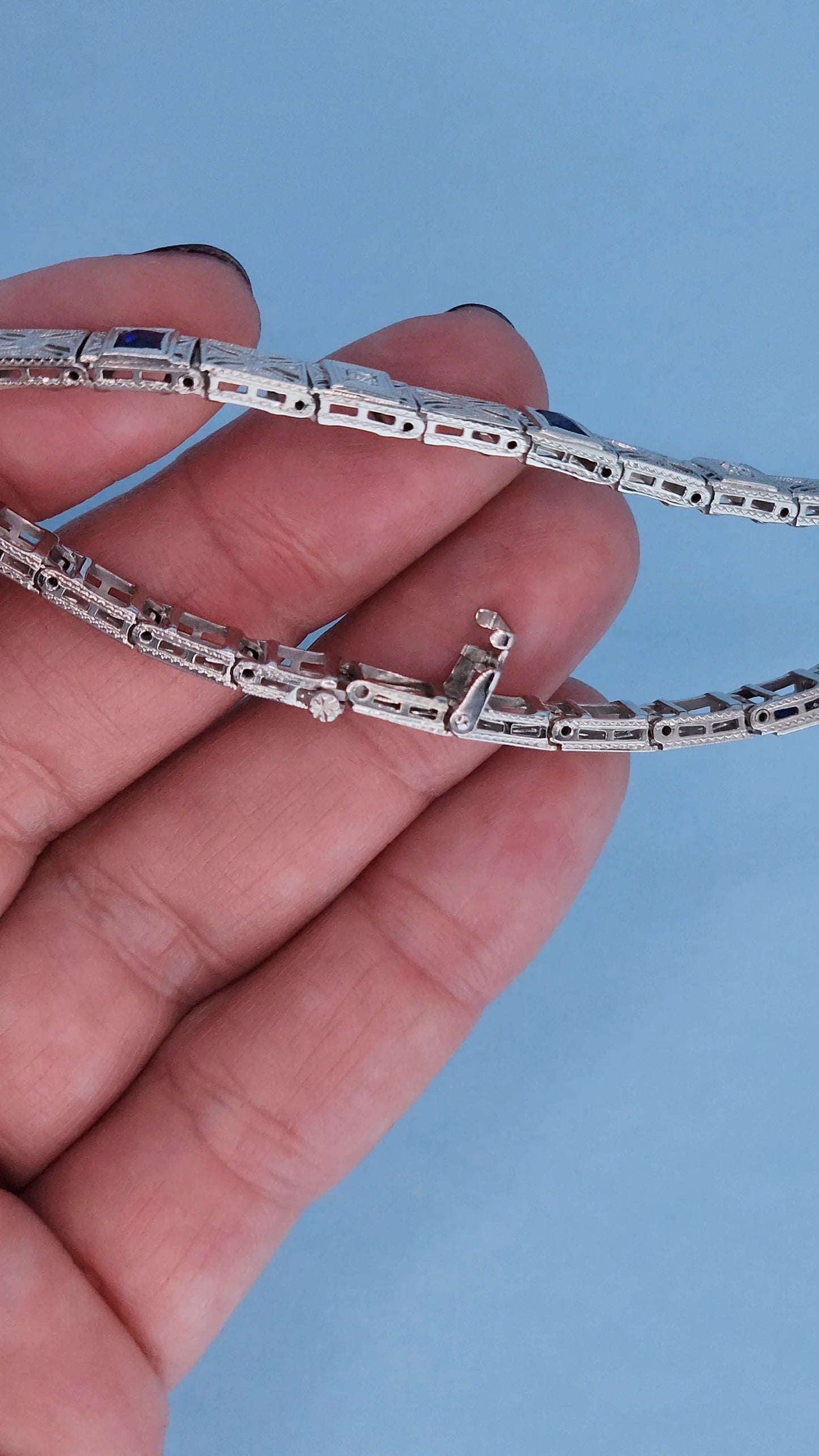 Art Deco 14k White Gold Bracelet with Princess-Cut Sapphires and Diamonds Open Lock