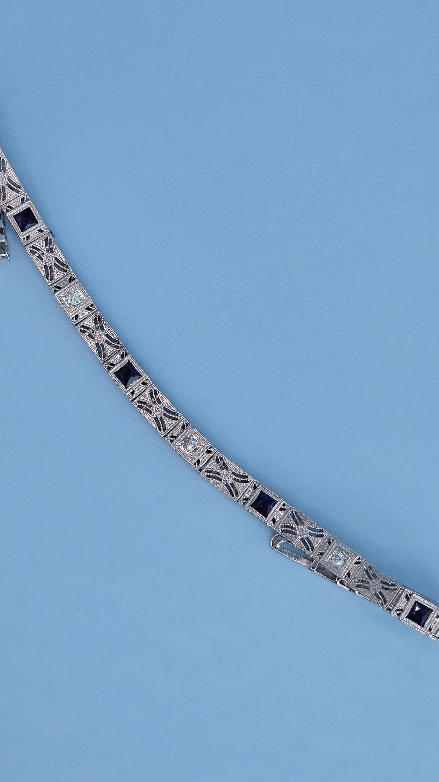 Art Deco 14k White Gold Bracelet with Princess-Cut Sapphires and Diamonds View From The Distance