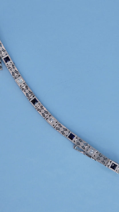 Art Deco 14k White Gold Bracelet with Princess-Cut Sapphires and Diamonds View From The Distance