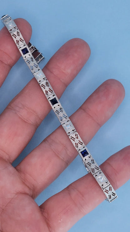 Art Deco 14k White Gold Bracelet with Princess-Cut Sapphires and Diamonds on the Hand