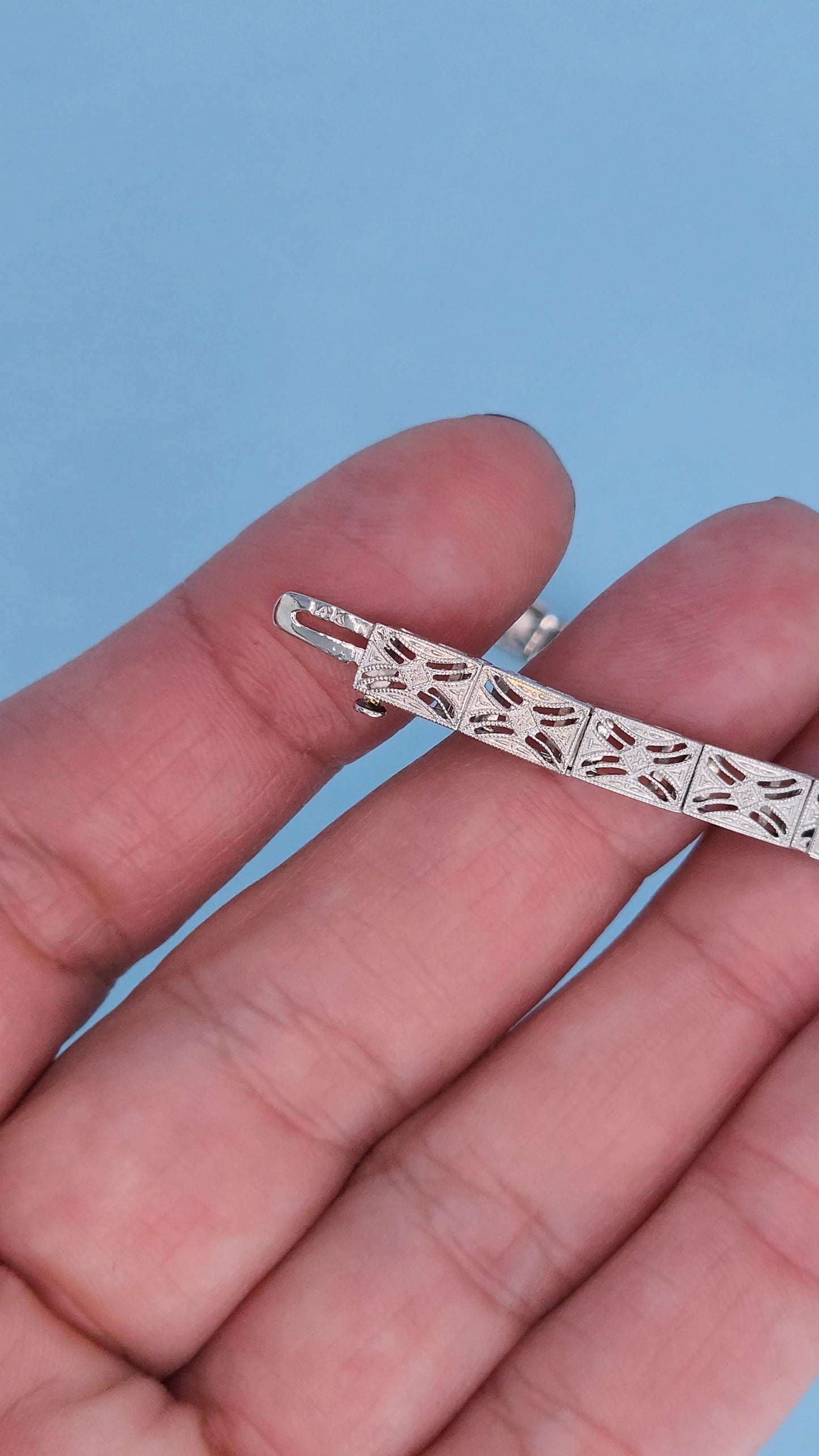 Art Deco 14k White Gold Bracelet with Princess-Cut Sapphires and Diamonds Lock