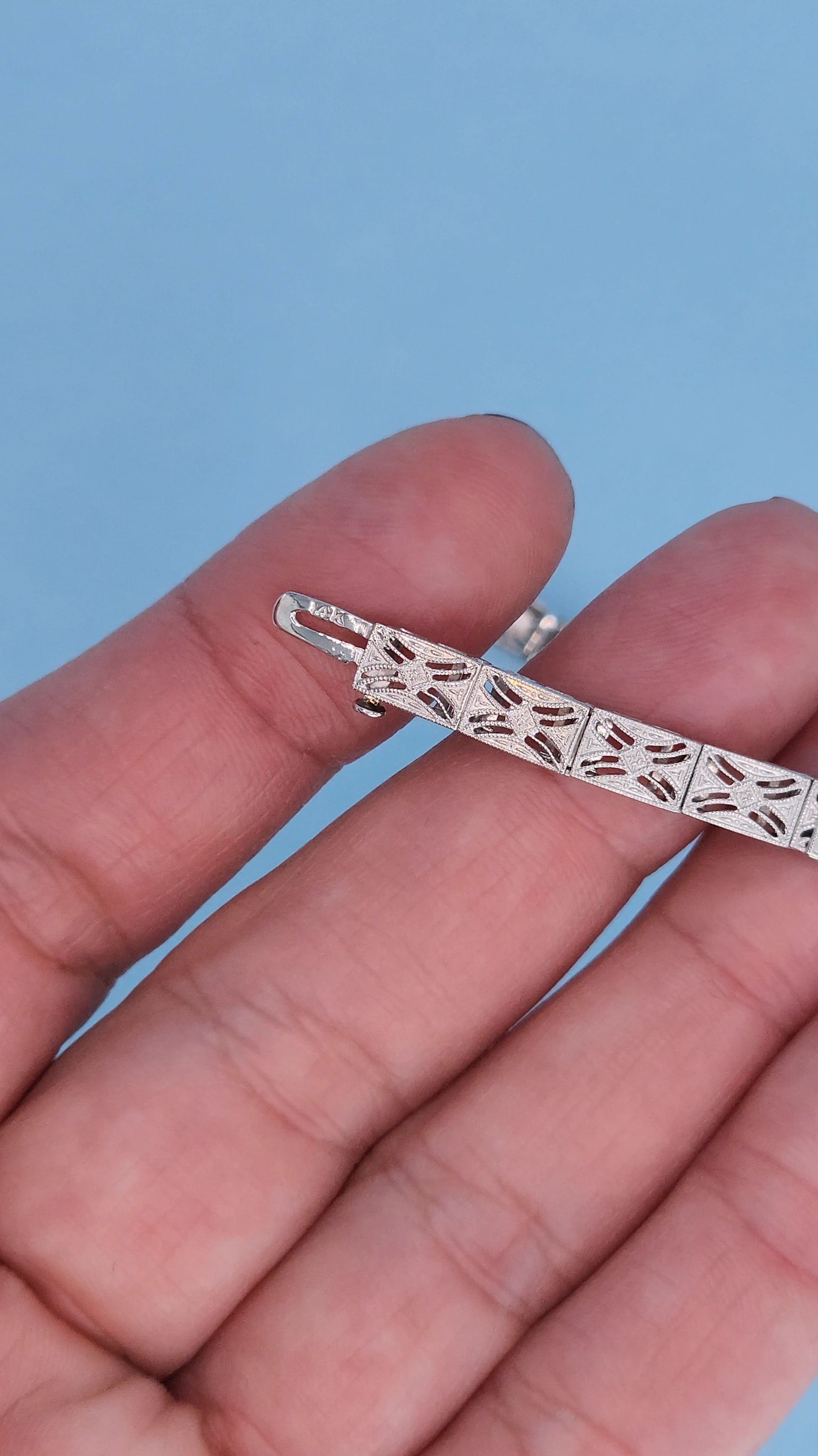 Art Deco 14k White Gold Bracelet with Princess-Cut Sapphires and Diamonds Lock
