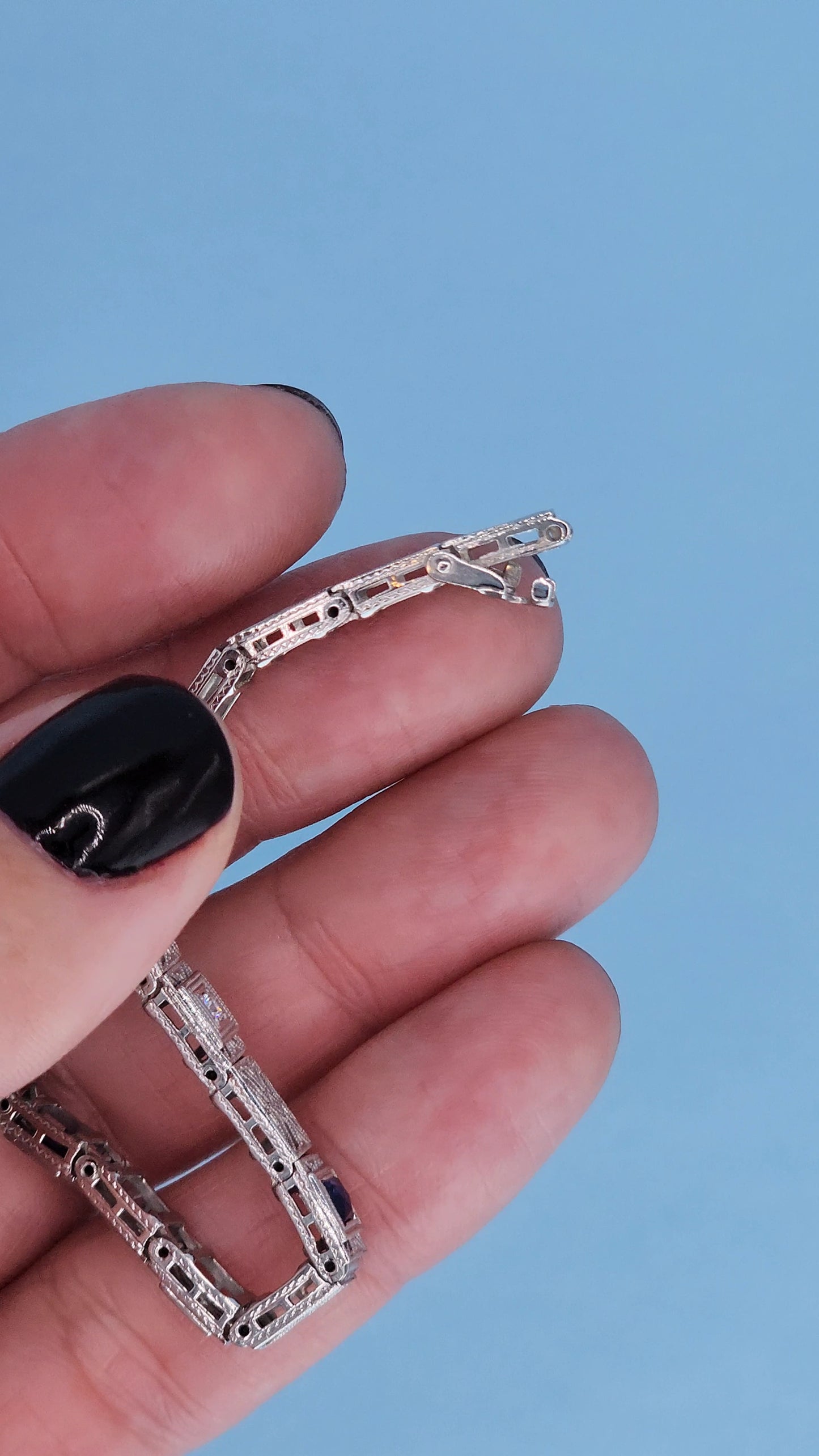 Art Deco 14k White Gold Bracelet with Princess-Cut Sapphires and Diamonds Other Side of the Lock