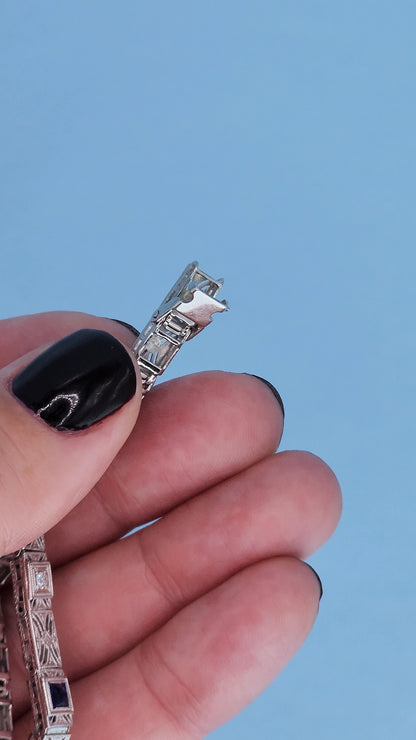 Art Deco 14k White Gold Bracelet with Princess-Cut Sapphires and Diamonds Lock From the Back