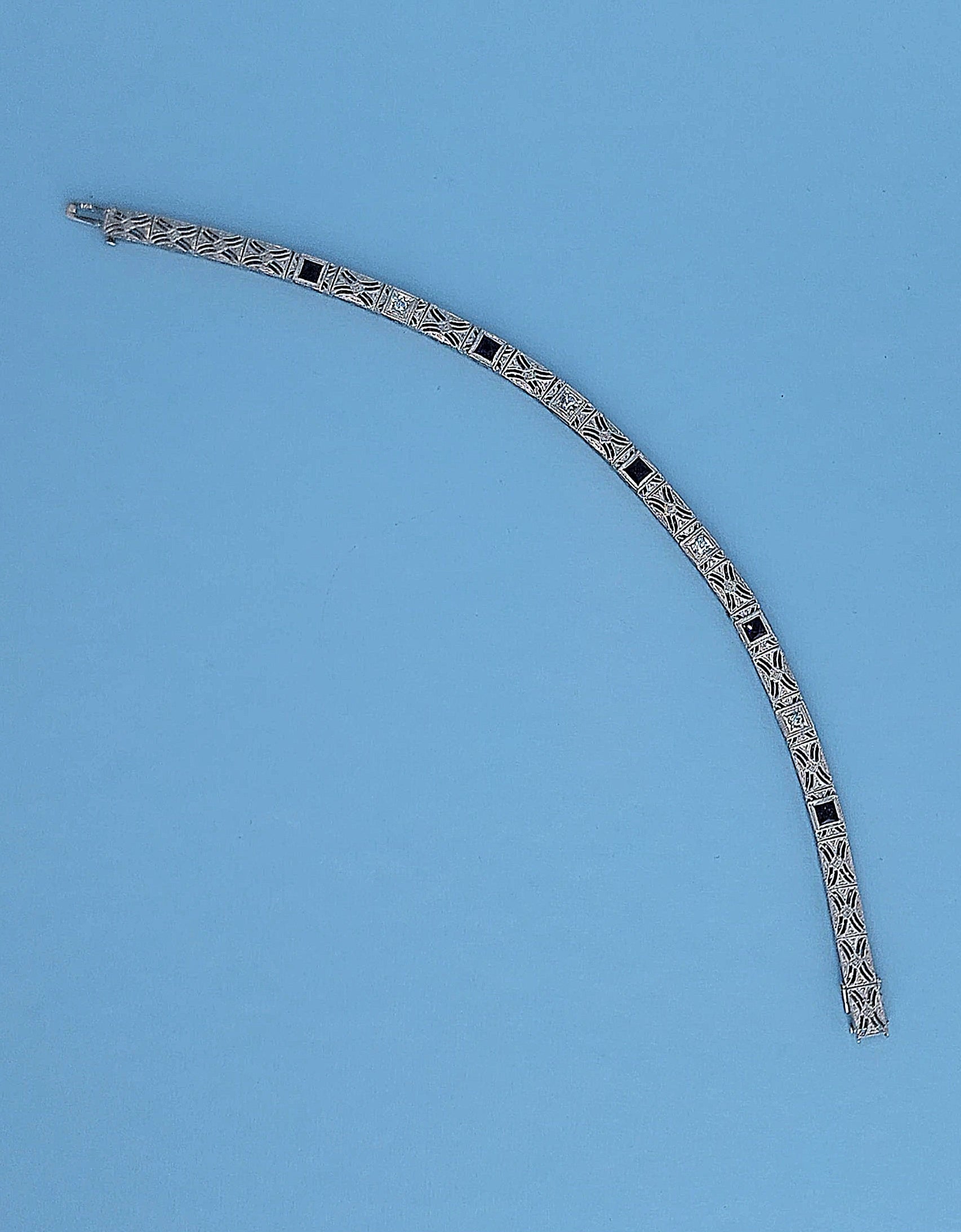 Art Deco 14k White Gold Bracelet with Princess-Cut Sapphires and Diamonds All Length 