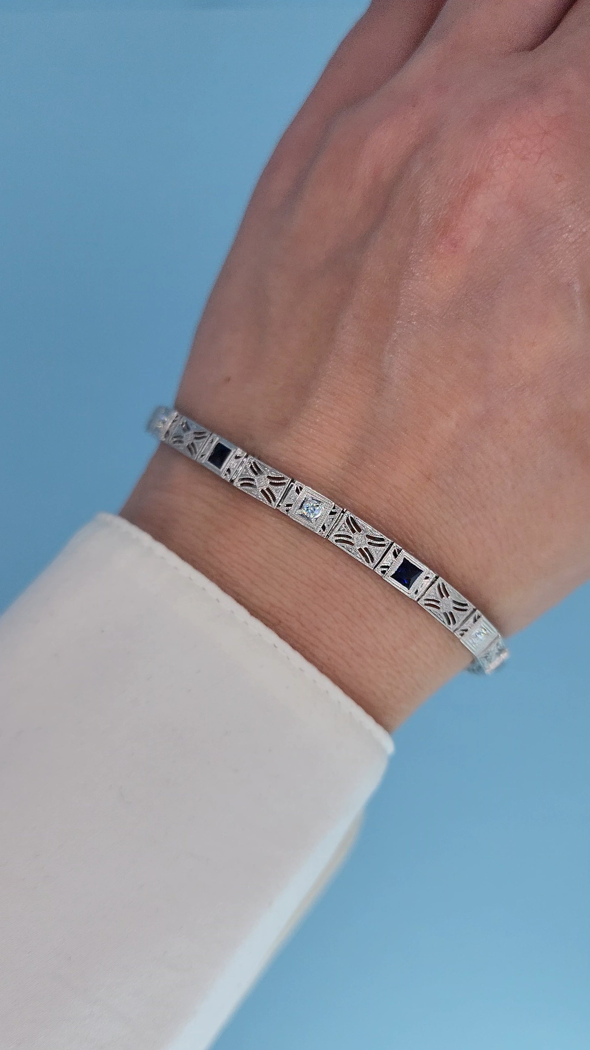 Art Deco 14k White Gold Bracelet with Princess-Cut Sapphires and Diamonds on the Hand