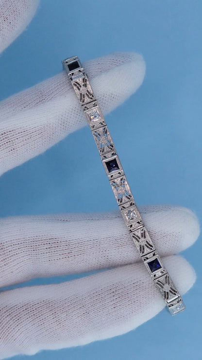 Art Deco 14k White Gold Bracelet with Princess-Cut Sapphires and Diamonds From the Top