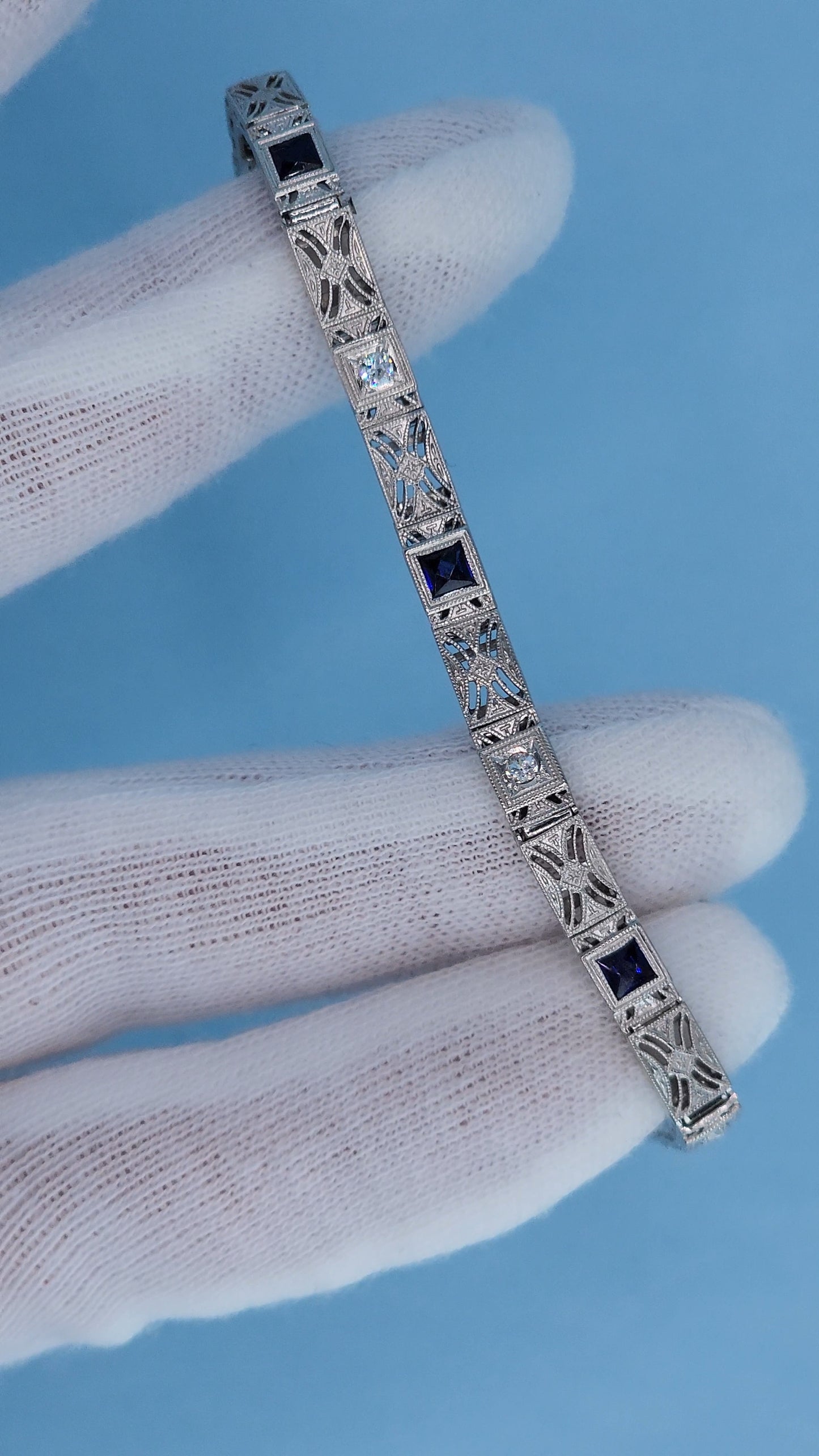 Art Deco 14k White Gold Bracelet with Princess-Cut Sapphires and Diamonds Top View
