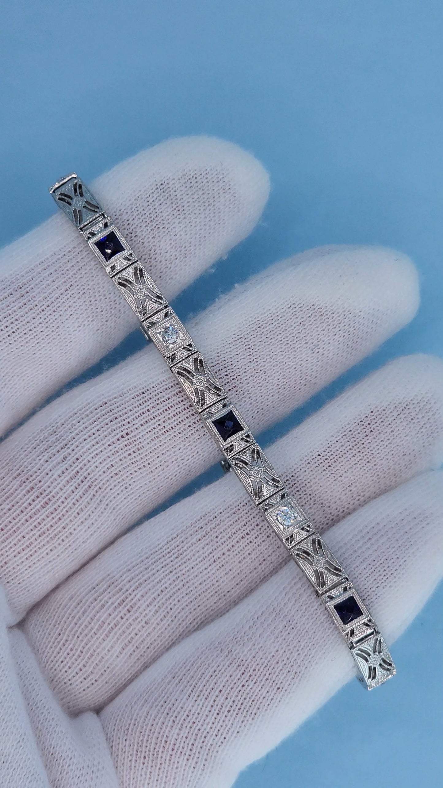 Art Deco 14k White Gold Bracelet with Princess-Cut Sapphires and Diamonds Front