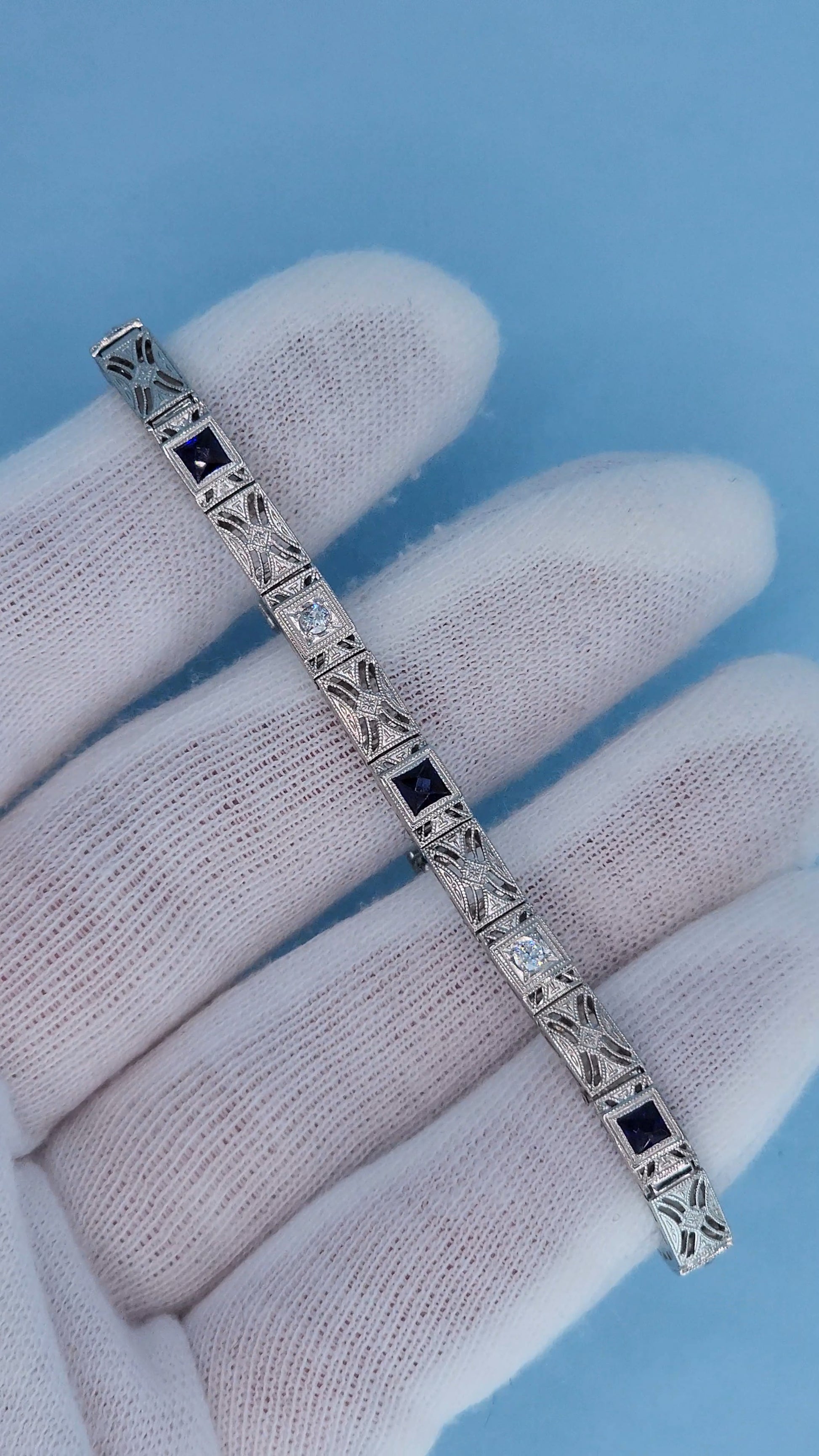 Art Deco 14k White Gold Bracelet with Princess-Cut Sapphires and Diamonds Front