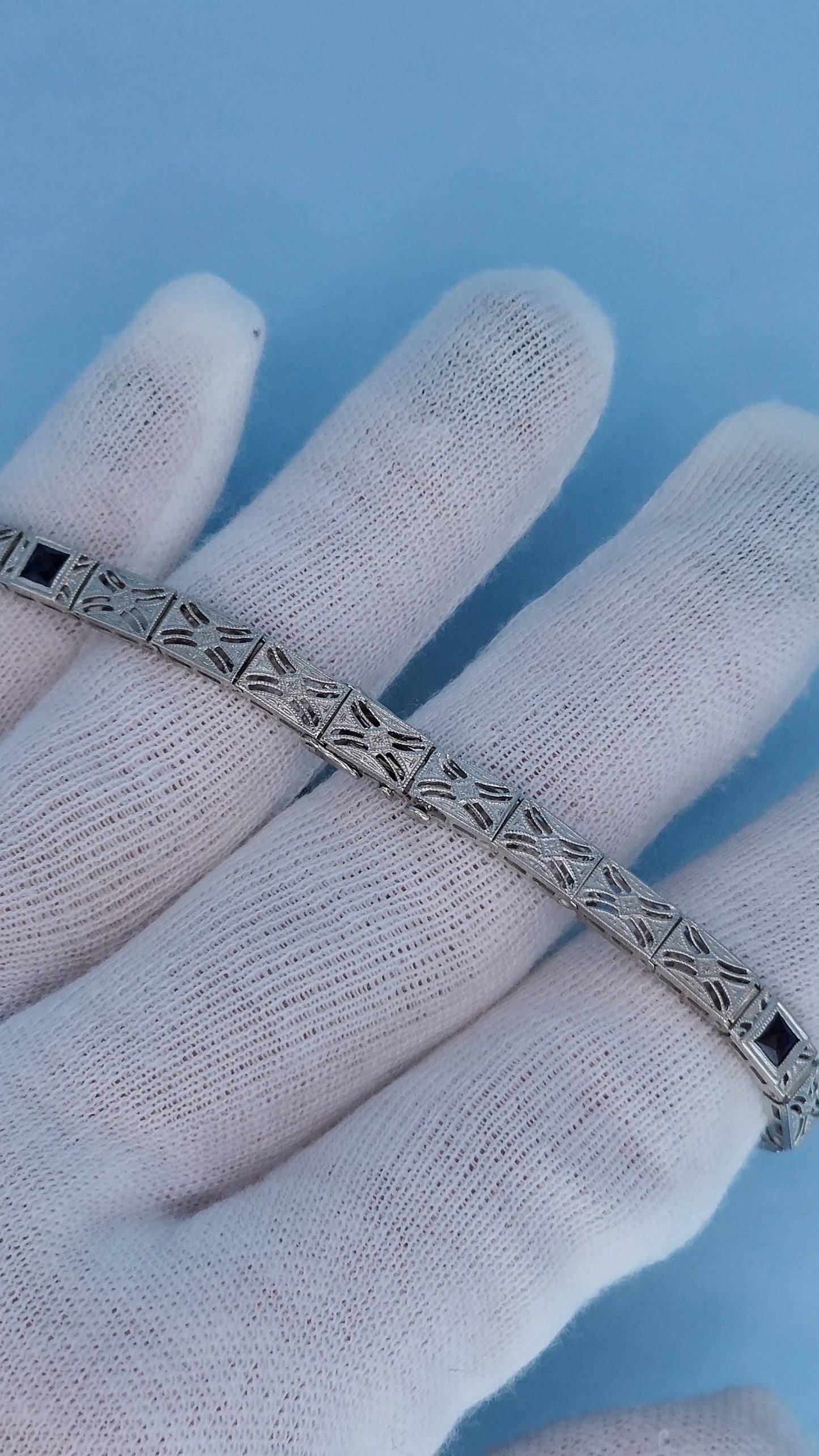 Art Deco 14k White Gold Bracelet with Princess-Cut Sapphires and Diamonds Back