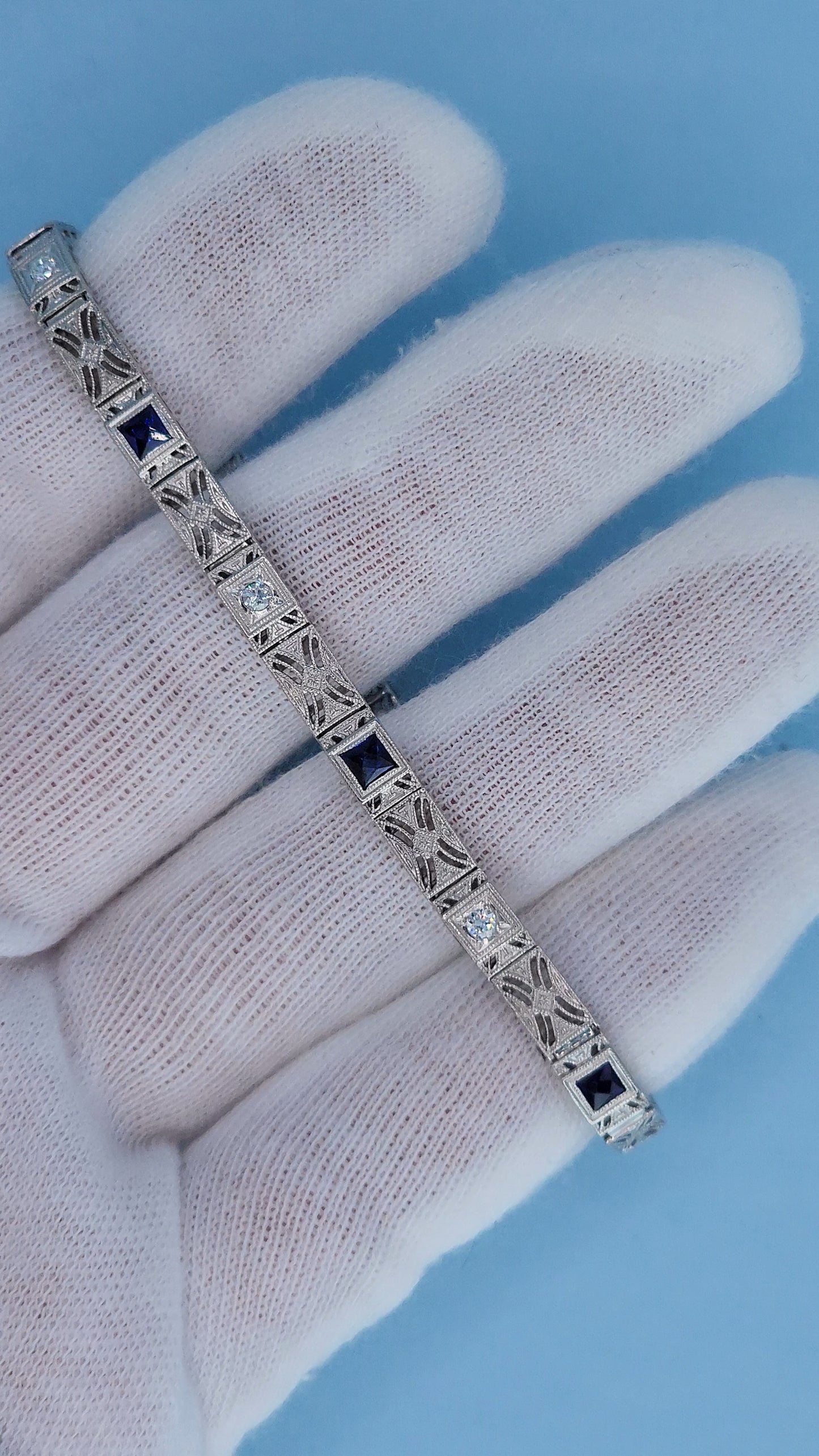 Art Deco 14k White Gold Bracelet with Princess-Cut Sapphires and Diamonds Front