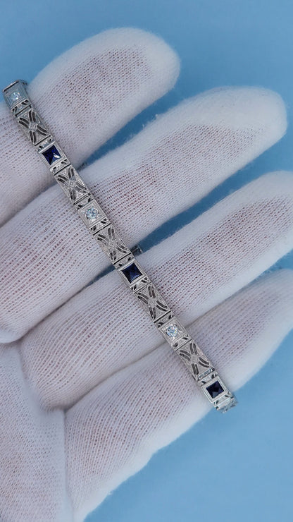 Art Deco 14k White Gold Bracelet with Princess-Cut Sapphires and Diamonds Front