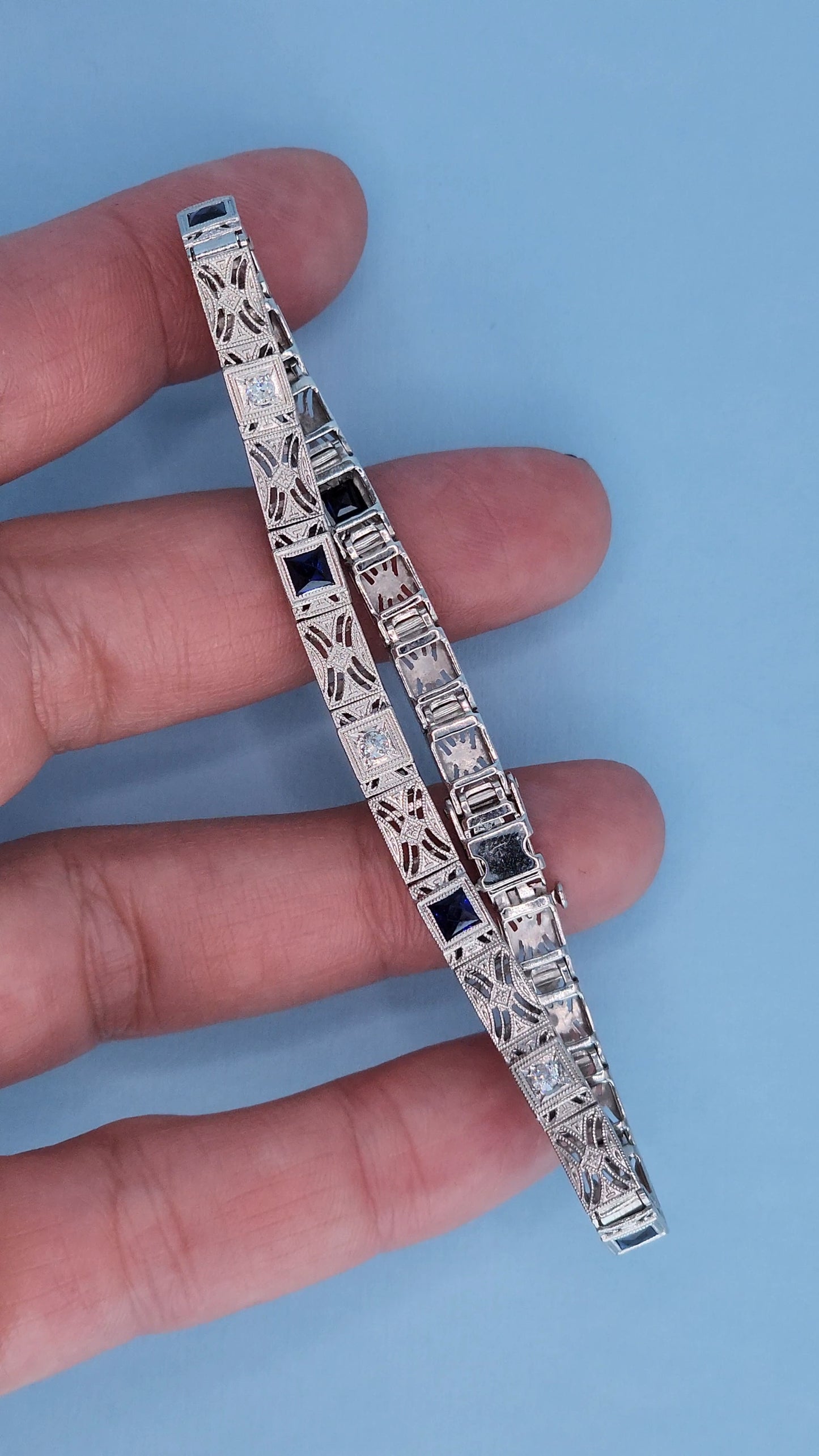 Art Deco 14k White Gold Bracelet with Princess-Cut Sapphires and Diamonds Whole View