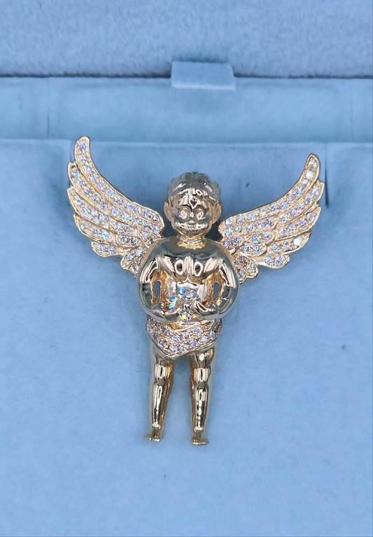 1 3/8" Guardian Baby Angel Diamond Pendant in Solid 10k Yellow Gold