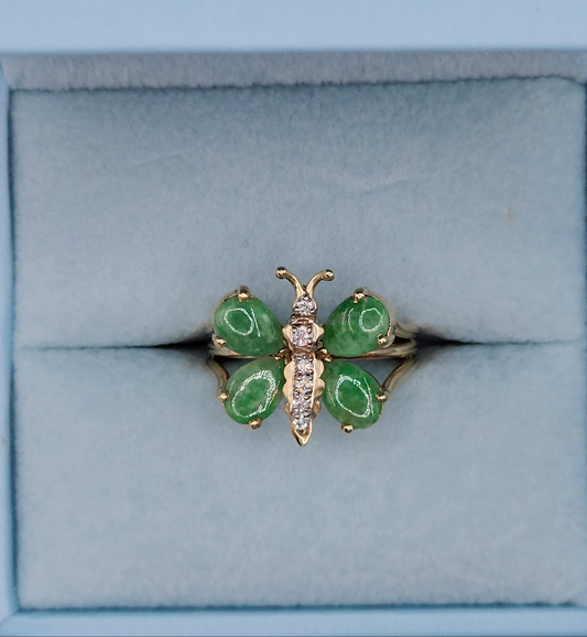 Vintage Jade and Diamond Butterfly Ring in 14k Yellow Gold