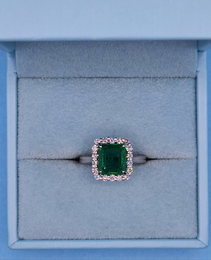 GIA 3.37 ct Natural Emerald and 0.50 ct Halo Diamond Engagement Ring in Platinum