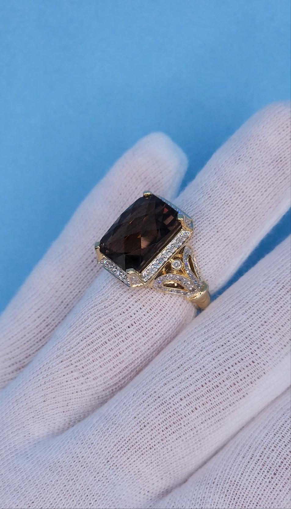 Rectangular Checkerboard Smoky Quartz and Diamond Ring in 14k Yellow Gold