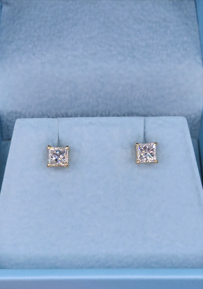 Natural Princess Diamond Stud Earrings 1 ct tw in 14k Yellow Gold Screw Back Setting