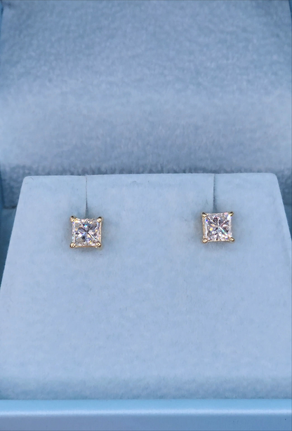 Natural Princess Diamond Stud Earrings 1 ct tw in 14k Yellow Gold Screw Back Setting