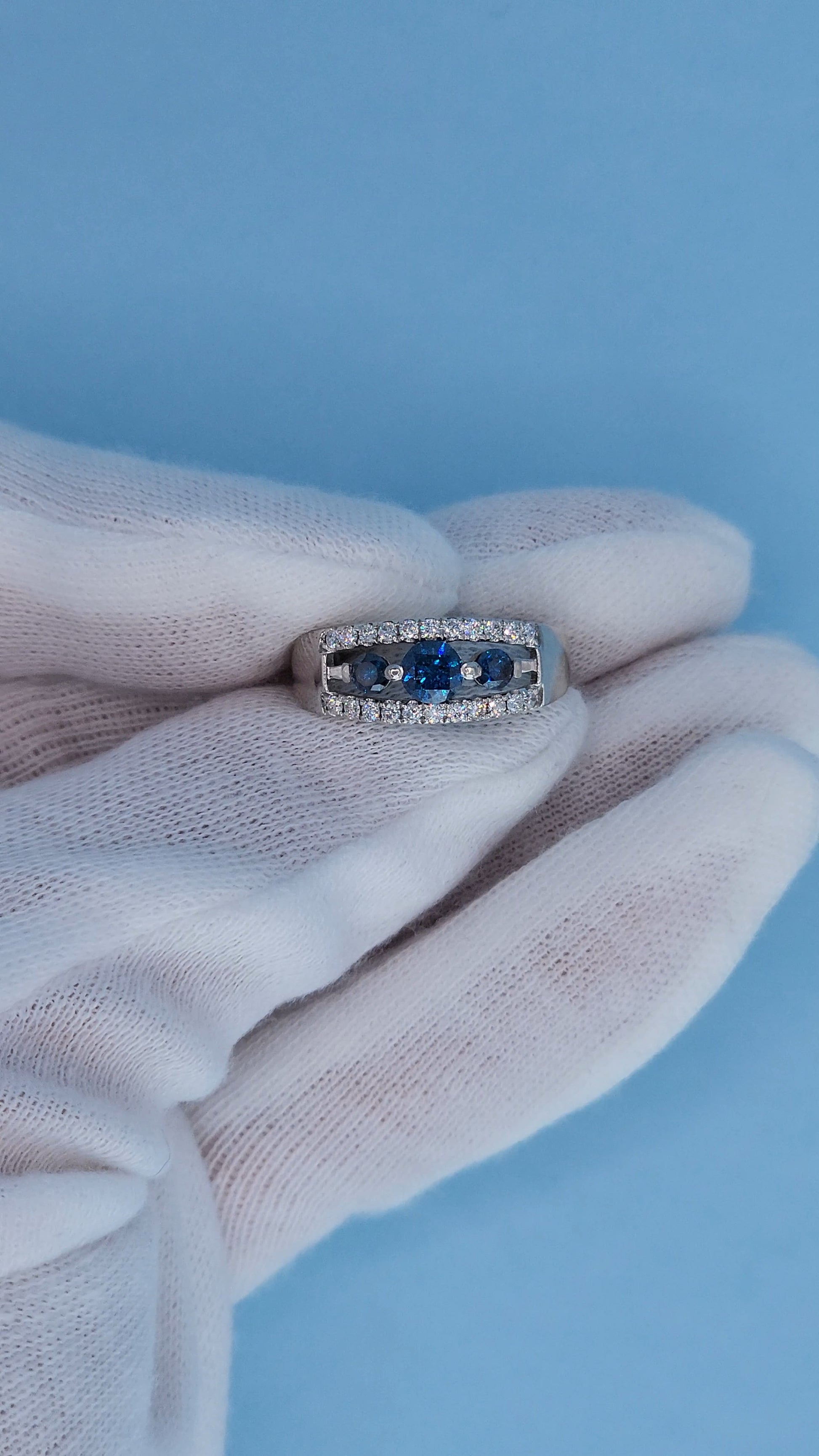 Timeless Past, Present, Future Design 0.70 ct Blue and White Diamond Ring Top View