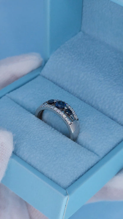 Timeless Past, Present, Future Design 0.70 ct Blue and White Diamond Ring Angle View