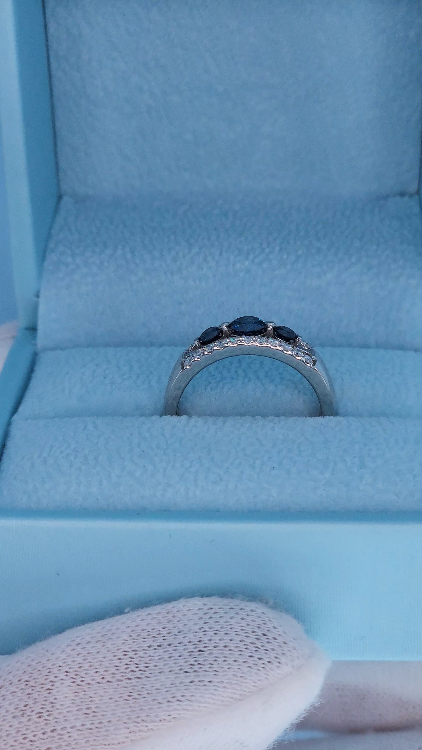 Timeless Past, Present, Future Design 0.70 ct Blue and White Diamond Ring Front View