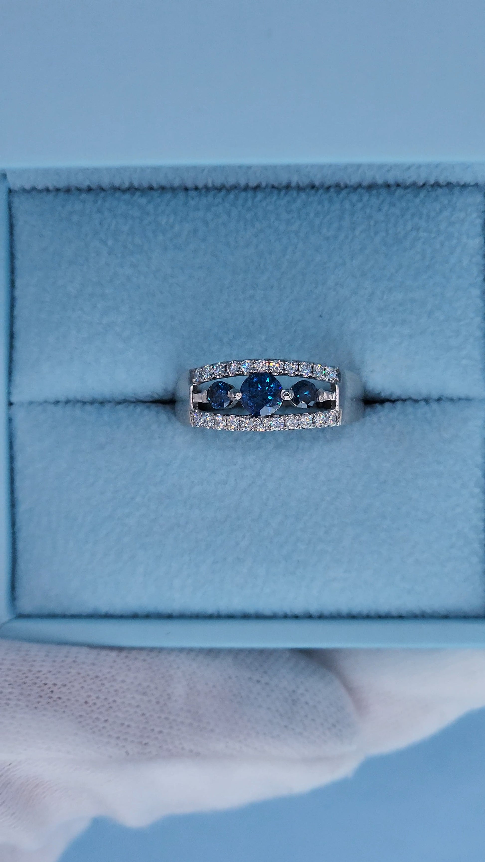 Timeless Past, Present, Future Design 0.70 ct Blue and White Diamond Ring Top View