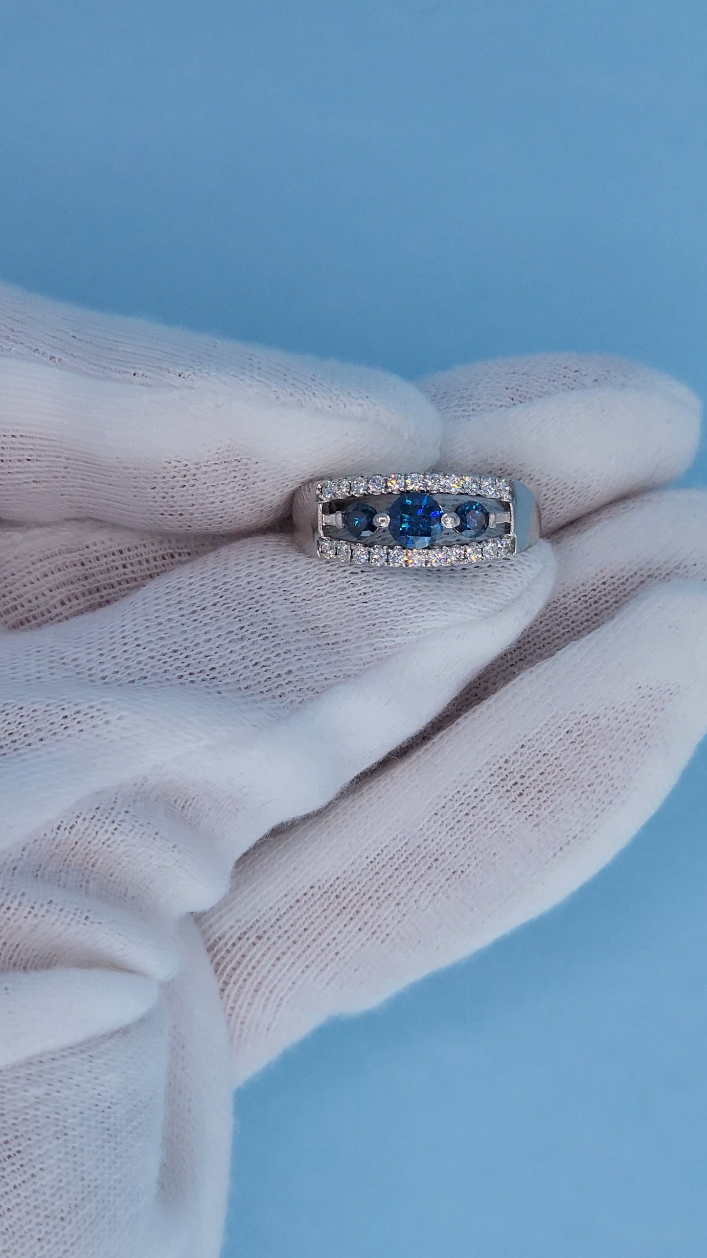 Timeless Past, Present, Future Design 0.70 ct Blue and White Diamond Ring from the Front