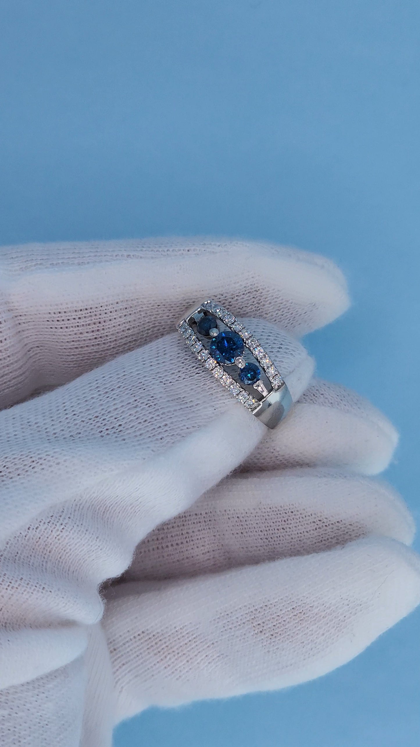 Timeless Past, Present, Future Design 0.70 ct Blue and White Diamond Ring From the Side