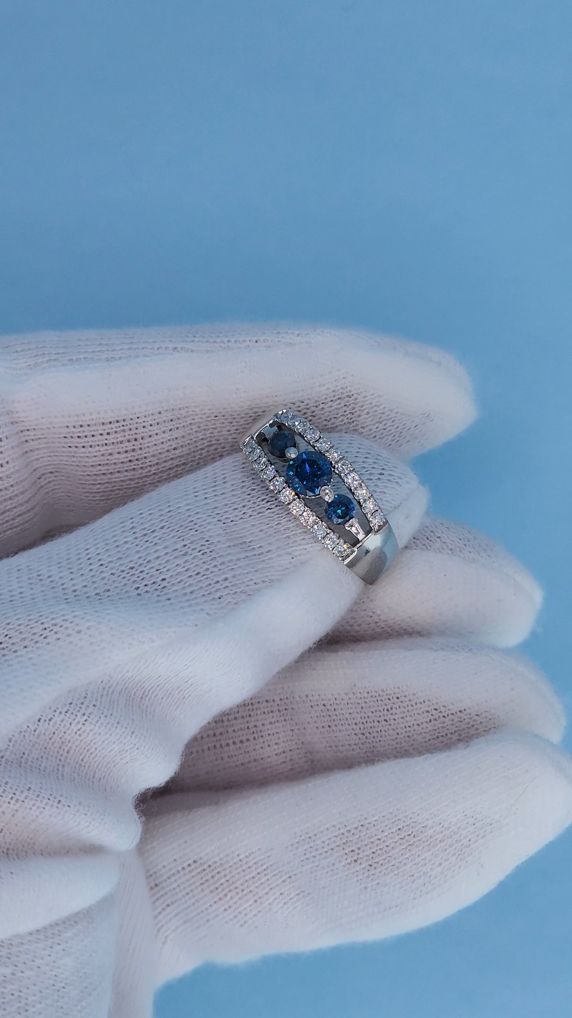 Timeless Past, Present, Future Design 0.70 ct Blue and White Diamond Ring From the Side
