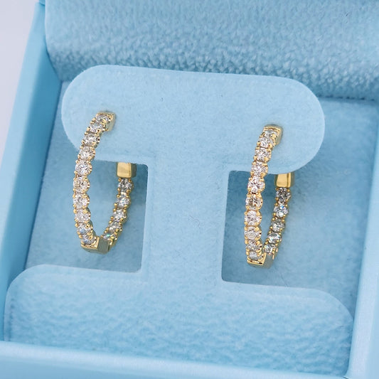 14k Yellow Gold Diamond Inside-Out Round Hoop Earrings | 1.00 Carat t.w. Natural Diamonds | Safety Lock