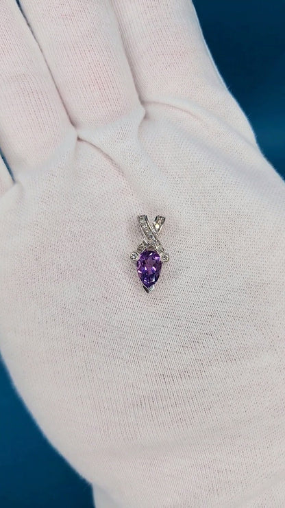 Pear Amethyst and Diamond Pendant in 14k White Gold