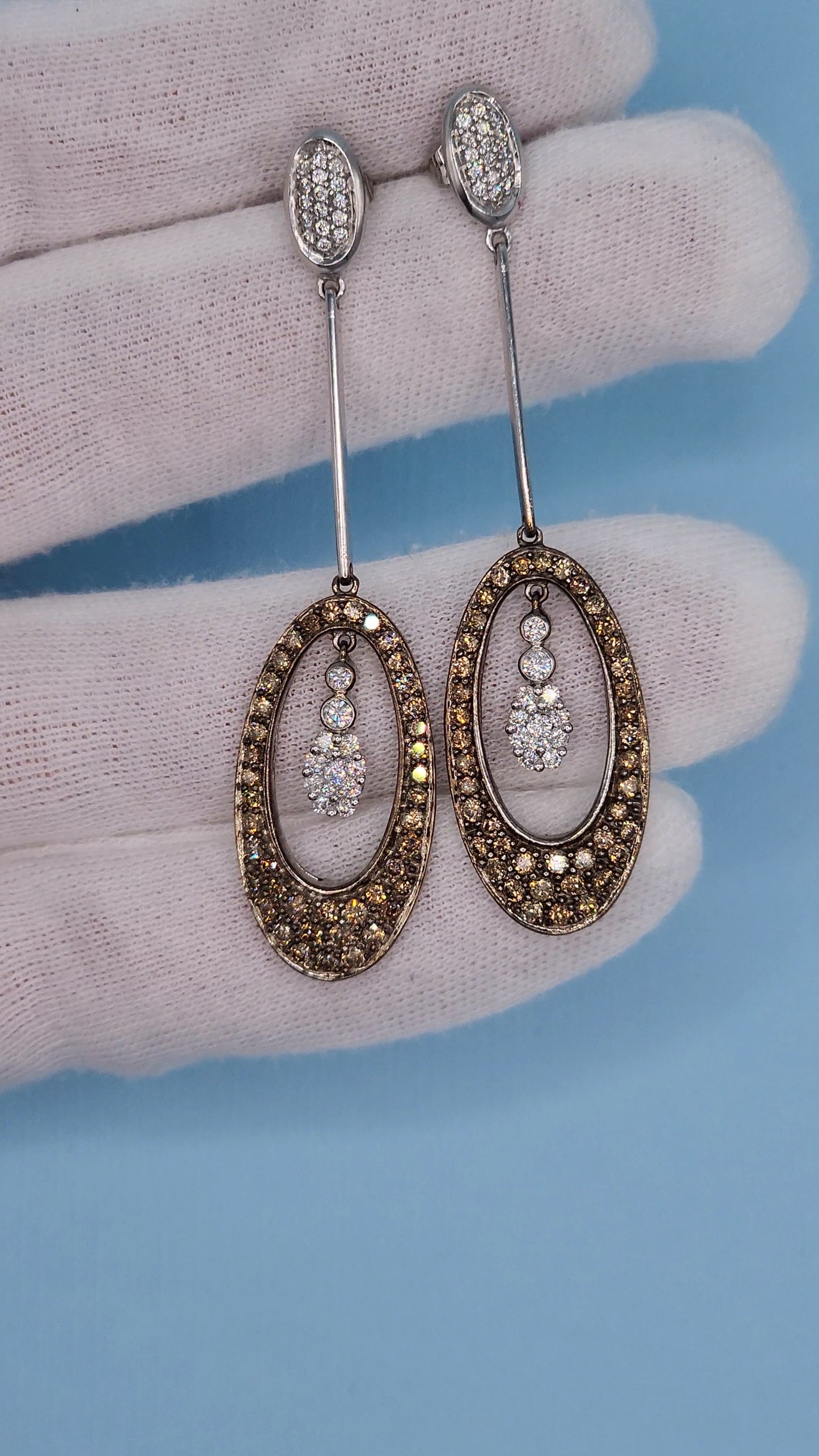 Natural White and Brown Diamond Drop Dangling Earrings in 14k White Gold