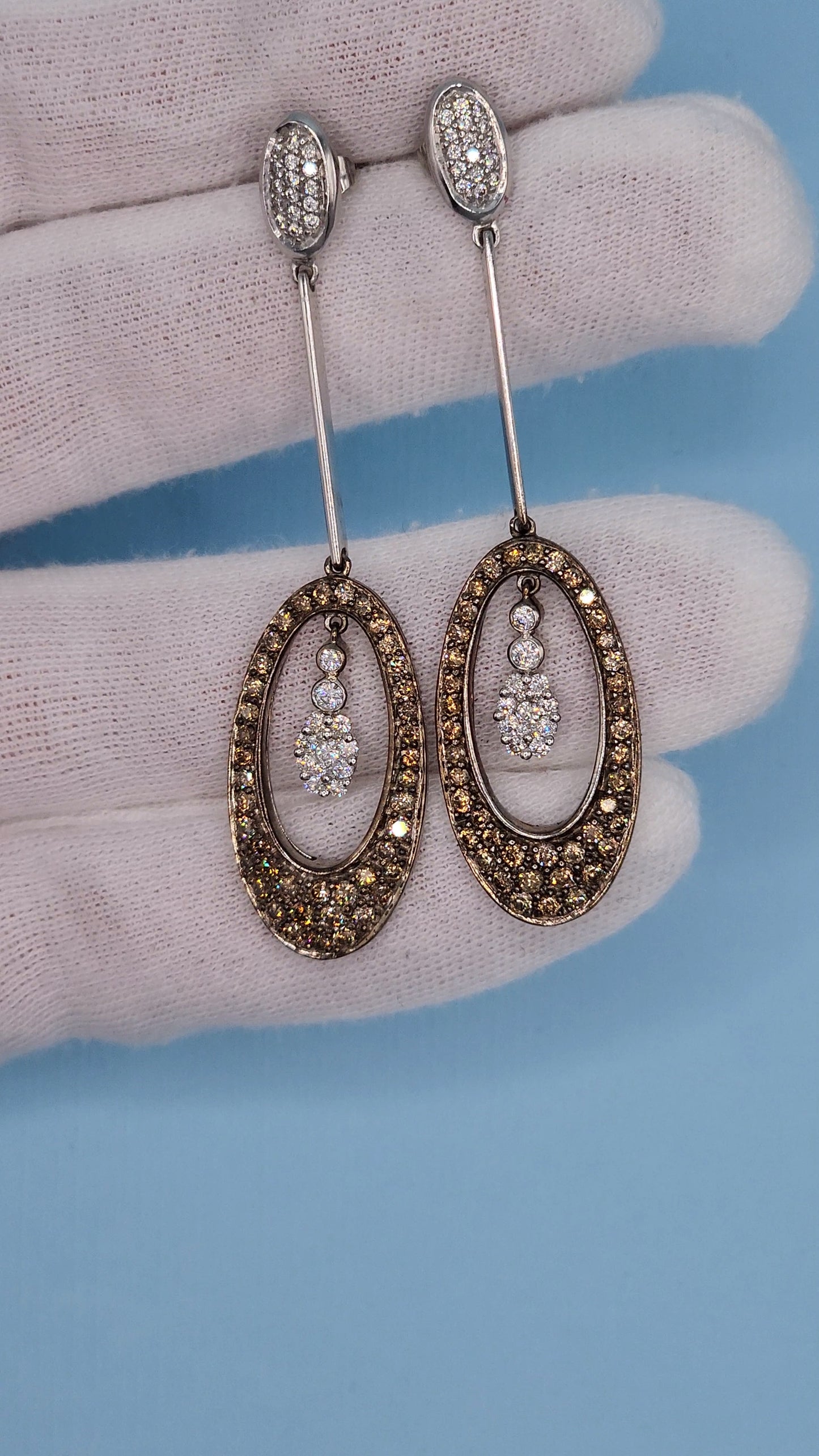 Natural White and Brown Diamond Drop Dangling Earrings in 14k White Gold