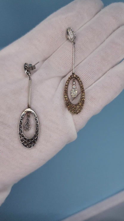 Natural White and Brown Diamond Drop Dangling Earrings in 14k White Gold