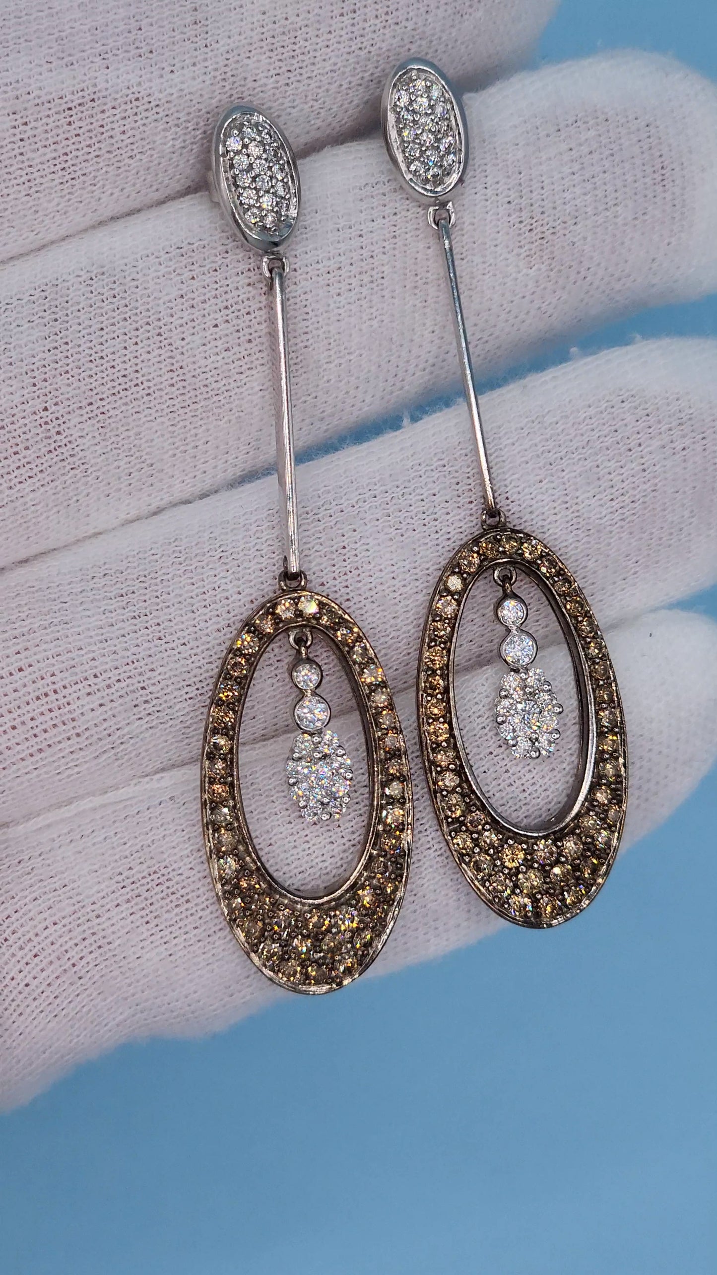 Natural White and Brown Diamond Drop Dangling Earrings in 14k White Gold