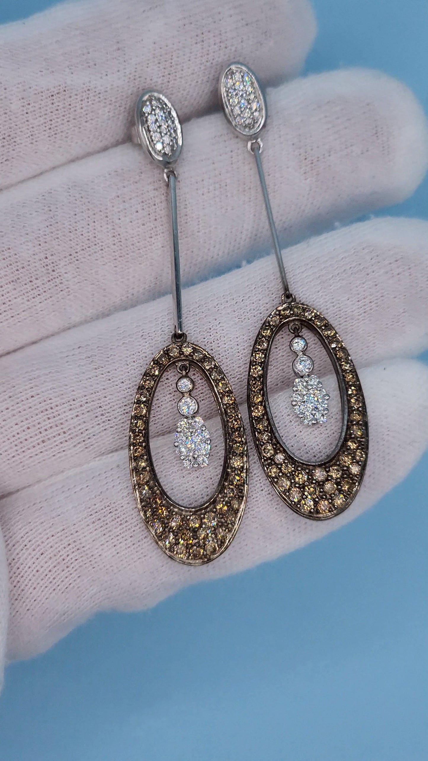 Natural White and Brown Diamond Drop Dangling Earrings in 14k White Gold