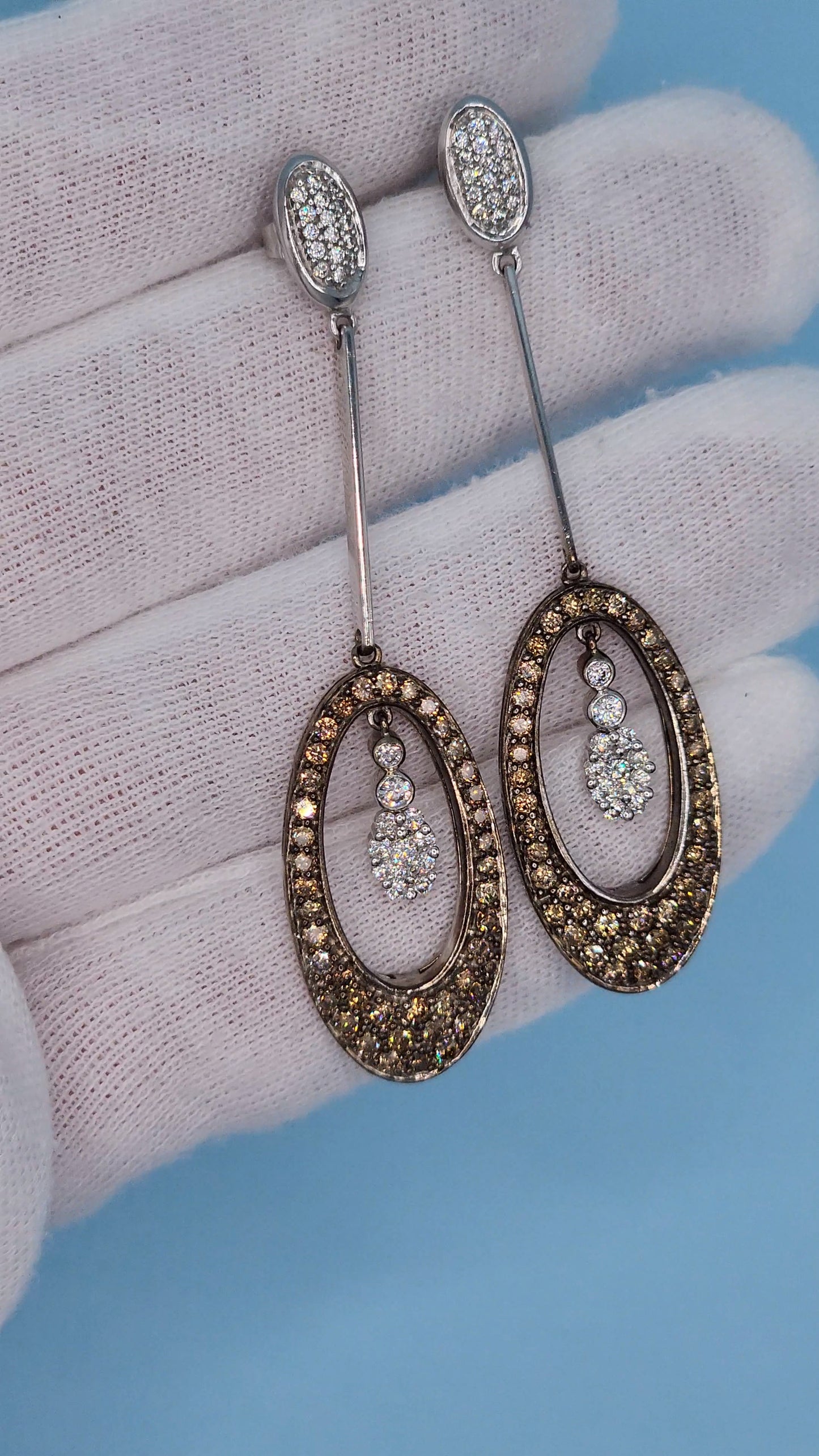 Natural White and Brown Diamond Drop Dangling Earrings in 14k White Gold