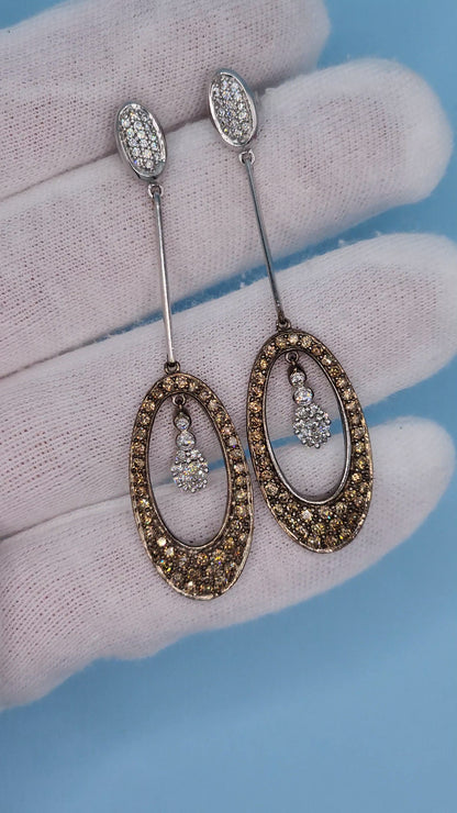 Natural White and Brown Diamond Drop Dangling Earrings in 14k White Gold