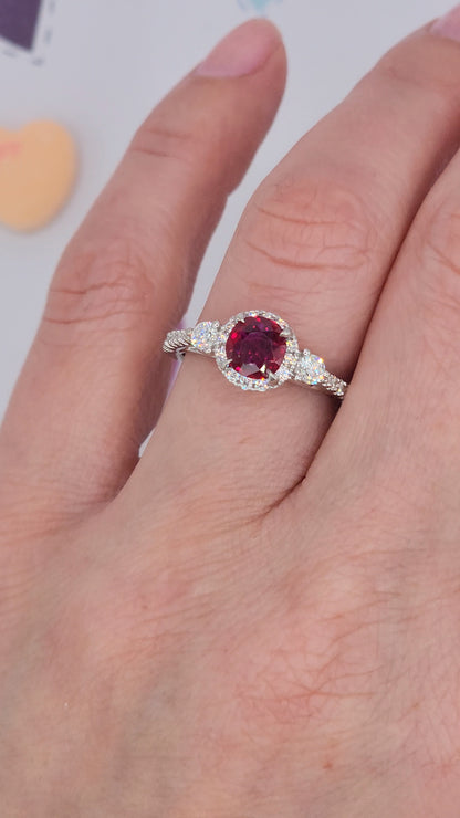 GIA Unheated Cushion Ruby and Diamond Halo Ring in 18k White Gold