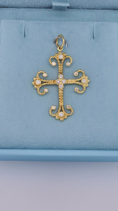 Fleur de Lis Design Cross Pendant with 1/6 ct Bezel Set Diamonds in 18k Yellow Gold
