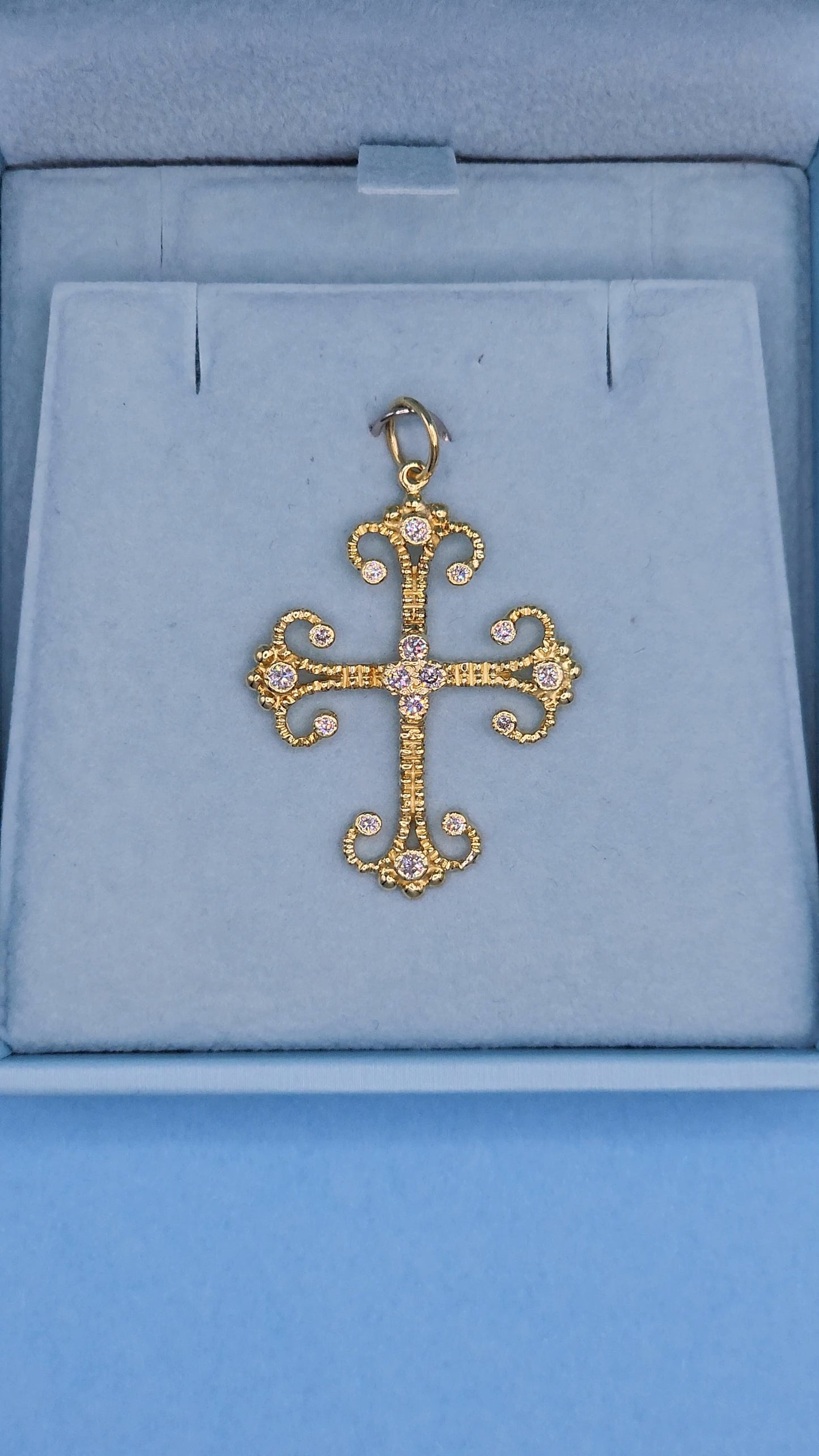 Fleur de Lis Design Cross Pendant with 1/6 ct Bezel Set Diamonds in 18k Yellow Gold