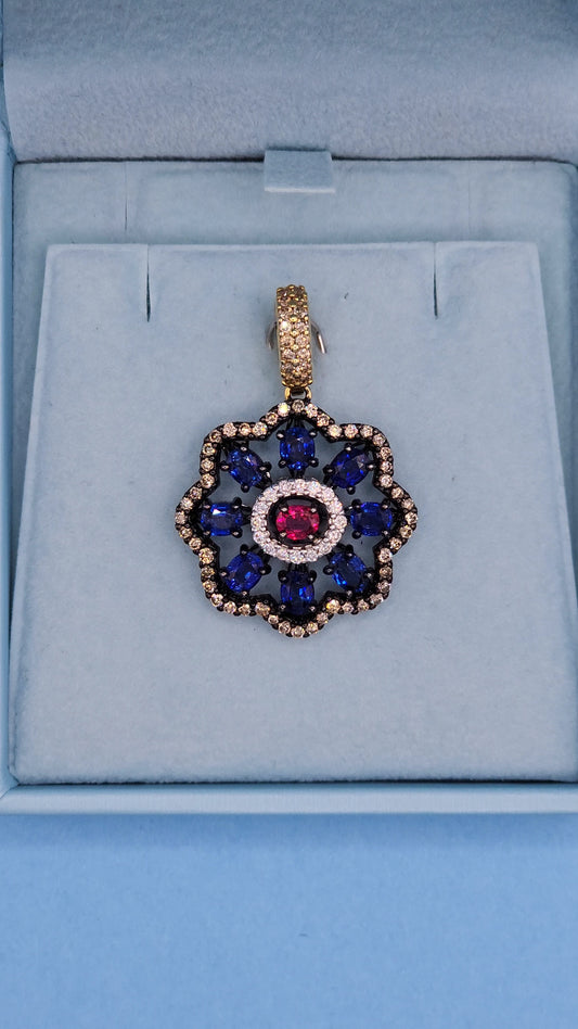 Unique Floral Motif Pendant with High Quality Sapphire, Ruby, White and Champagne Diamonds in 18k Gold and Black Rhodium