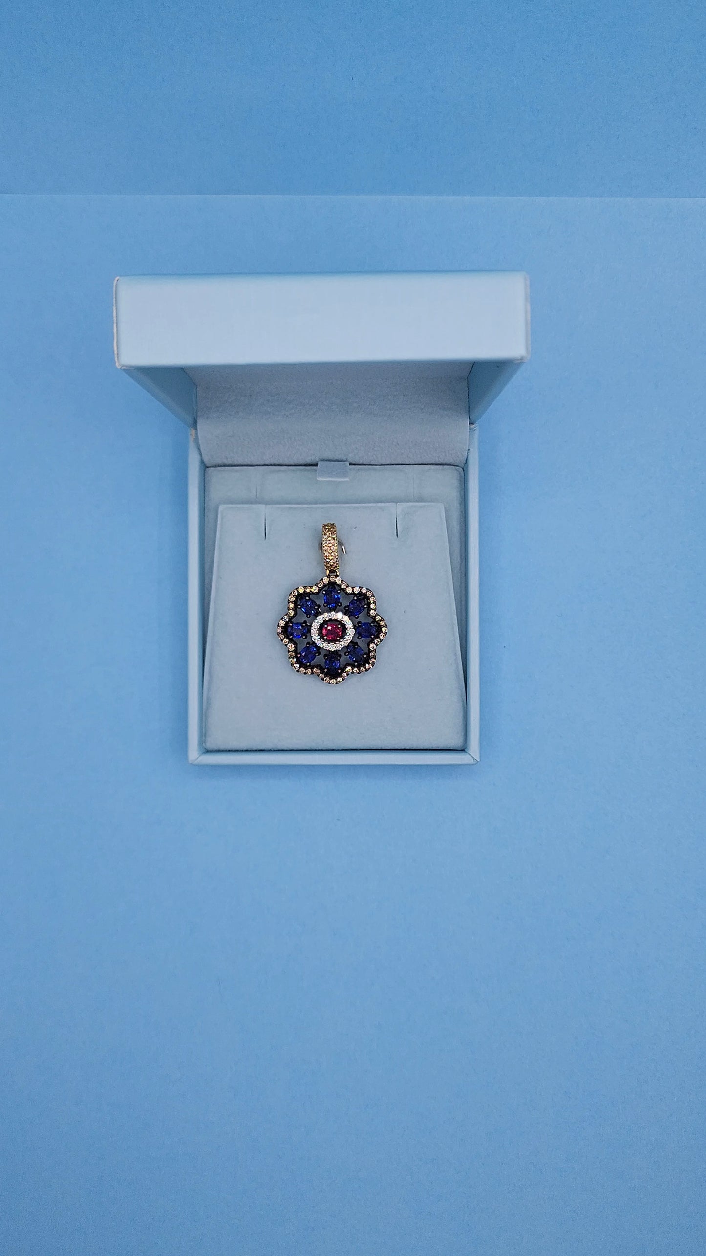 Unique Floral Motif Pendant with High Quality Sapphire, Ruby, White and Champagne Diamonds in 18k Gold and Black Rhodium
