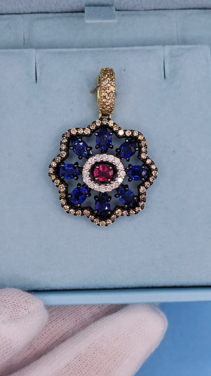 Unique Floral Motif Pendant with High Quality Sapphire, Ruby, White and Champagne Diamonds in 18k Gold and Black Rhodium