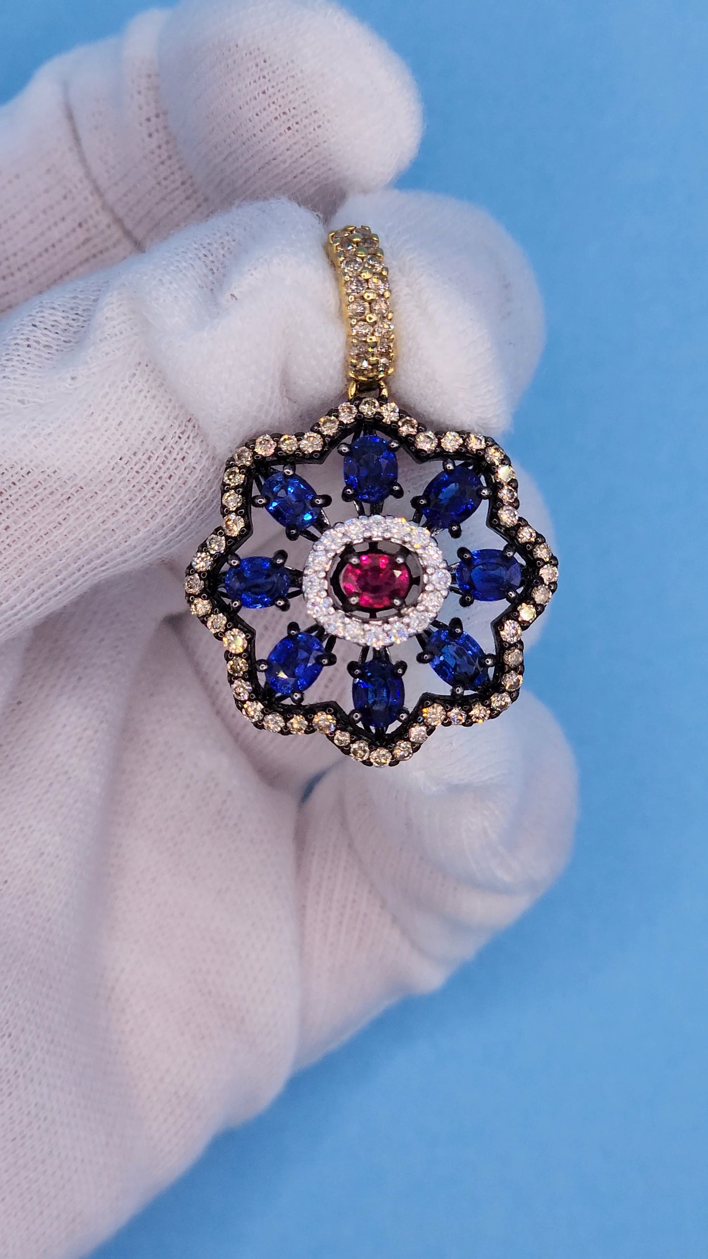 Unique Floral Motif Pendant with High Quality Sapphire, Ruby, White and Champagne Diamonds in 18k Gold and Black Rhodium